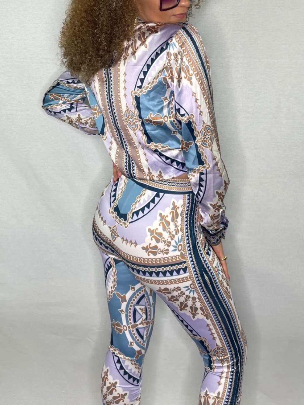 Scarf Print Zip Jacket & Leggings 2 Piece Set